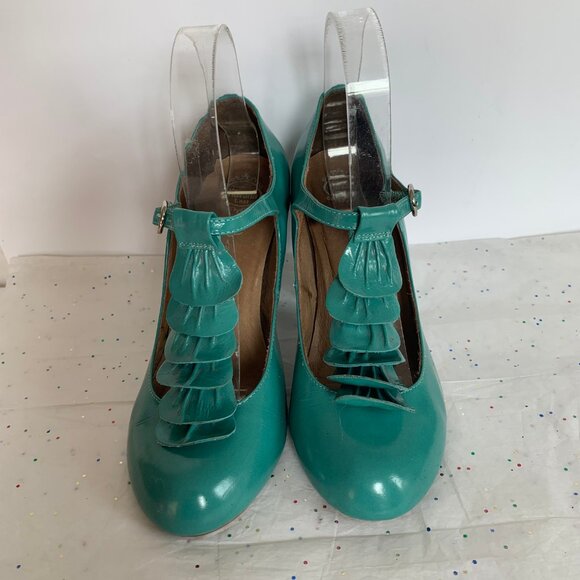 Jeffrey Campbell Y2K Frill Teal Blue Green Ruffle T strap Retro Inspired Pump 7 - Picture 4 of 10